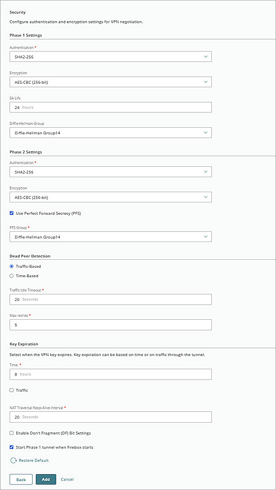 Screenshot of phase 1 and phase 2 security settings